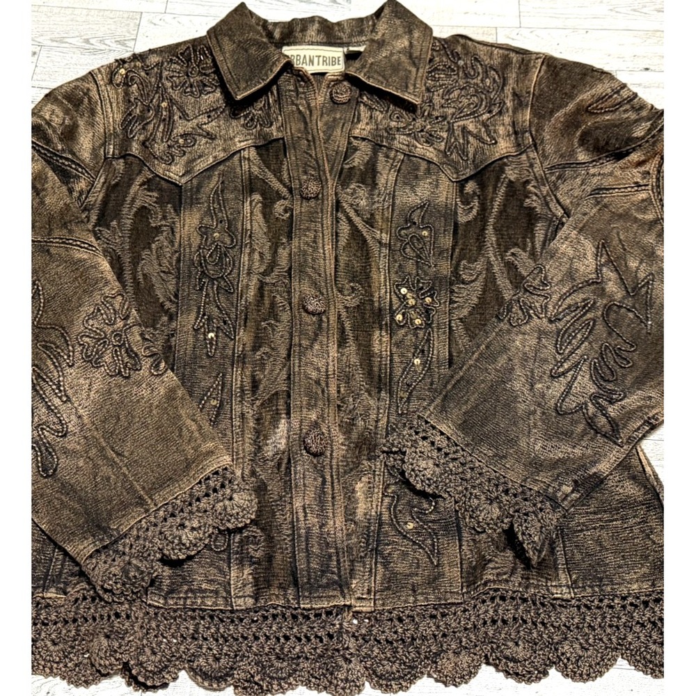 Vintage Urban Tribe Embroidered Sequin Boho Lace Brown Jacket Women's MEDIUM